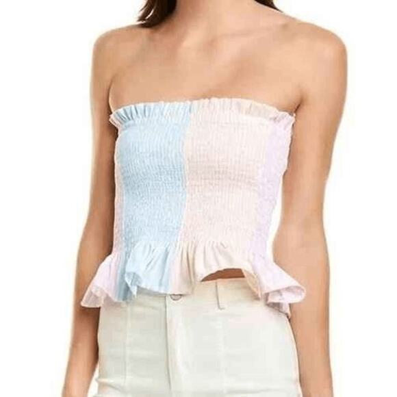 Petersyn Tops - NWT Petersyn Womens Tutti Pink Blue Orange Smocked Ruffle Marianna Top Size L